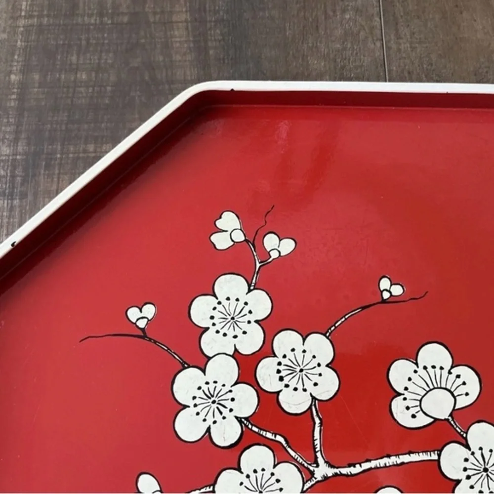 Vintage 1979 M. Kamenstein Red Cream Cherry Blossom Asian Octagonal Serving Tray